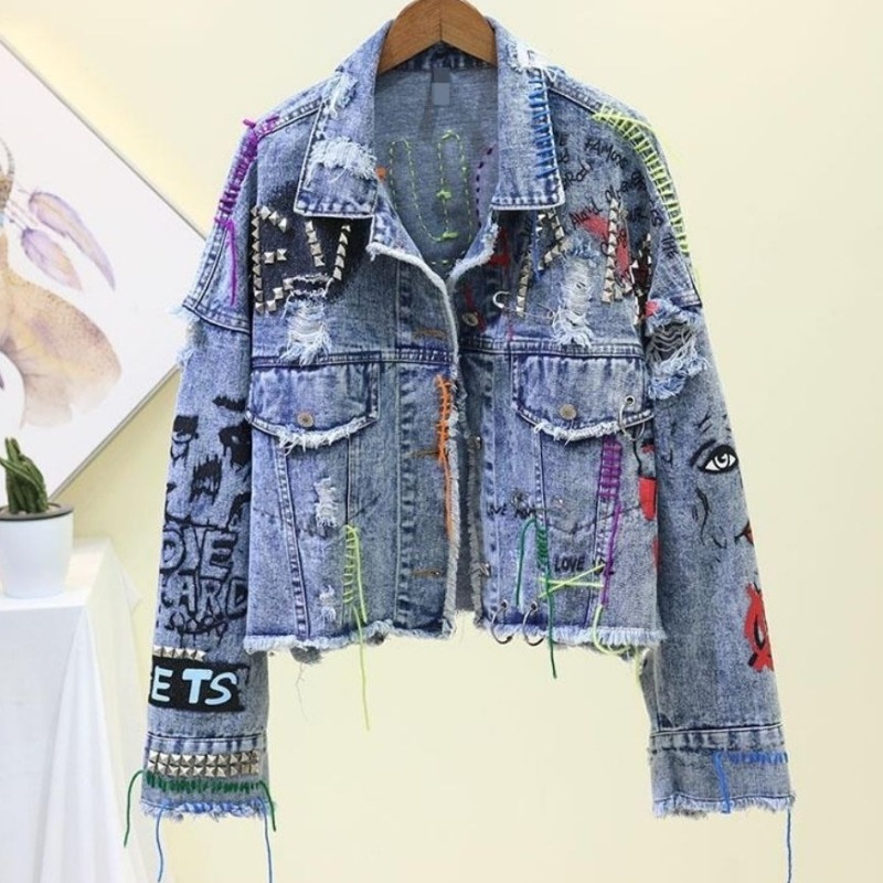 Street Fashion Graffiti - Chaqueta corta vaquera informal con grafiti